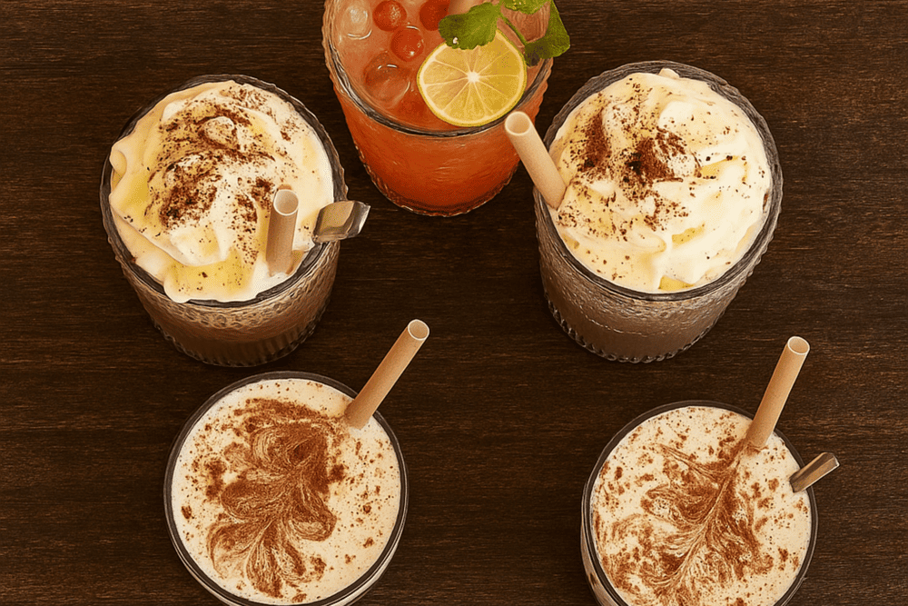 Instagram-worthy egg coffee presentation with elaborate garnishes and artistic foam art